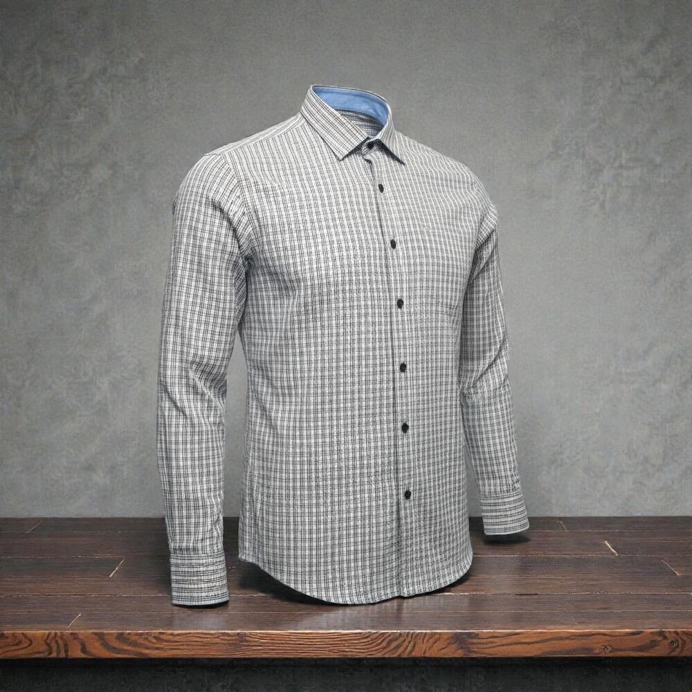 Men’s Long Sleeve Button-Down Shirt – Micro Check Pattern – Business Casual
